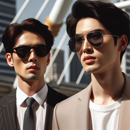a man wearing aviator sunglasses beside a man with rectangle shaped sunglasses