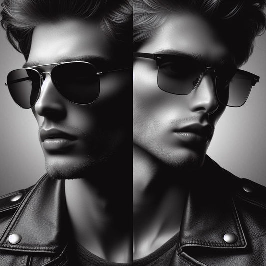 two men, one wearing aviator sunglasses and the other one square sunglasses. The picture is dark.