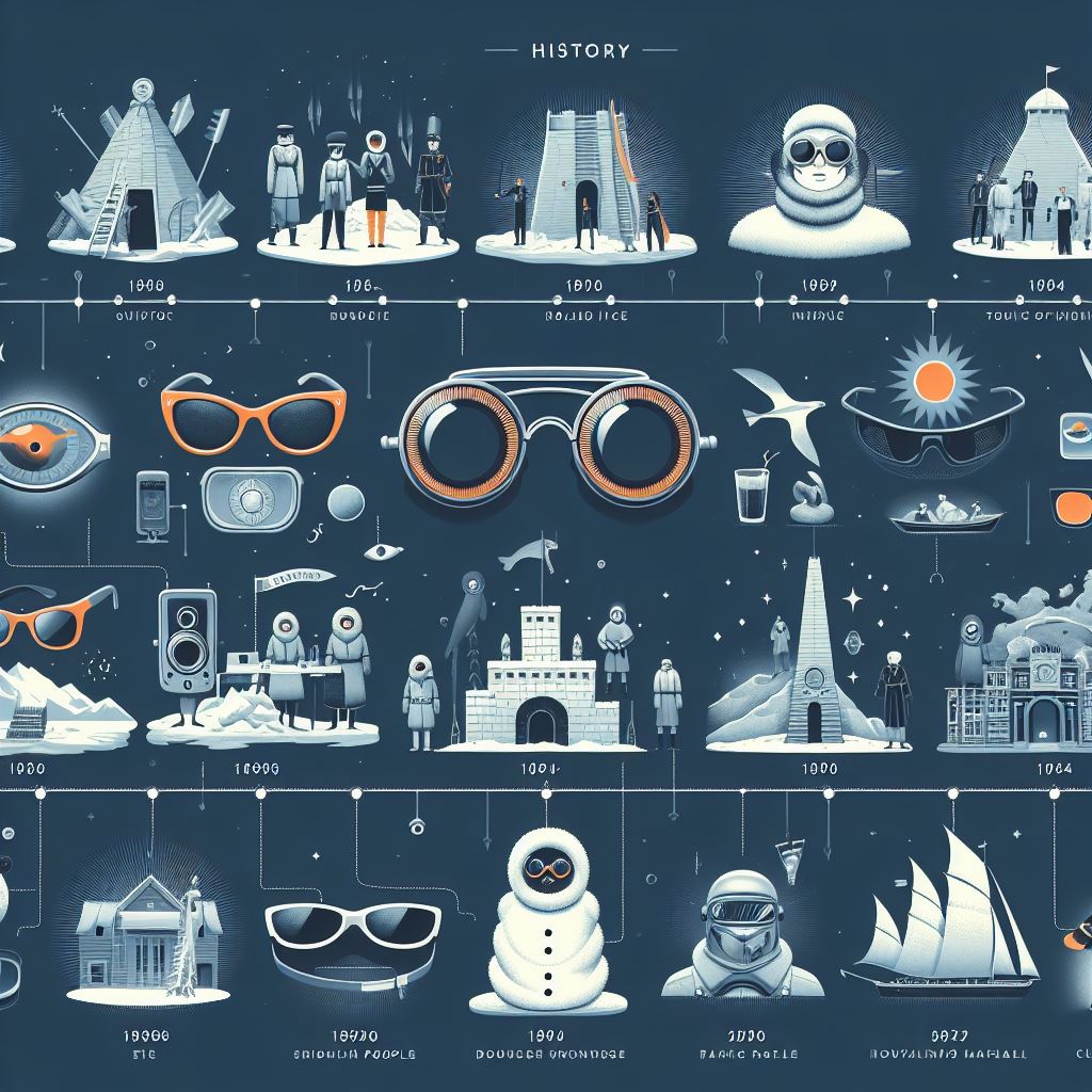 an image illustrating the history of sunglasses by showing different types of sunglasses from different years