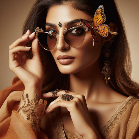 A lady wearing butterfly sunglasses. there is a real butterfly on her sunglasses also.
