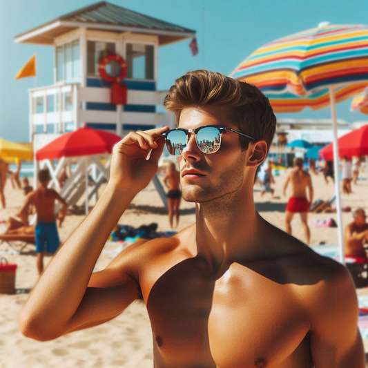a man wearing sunglasses at the beach