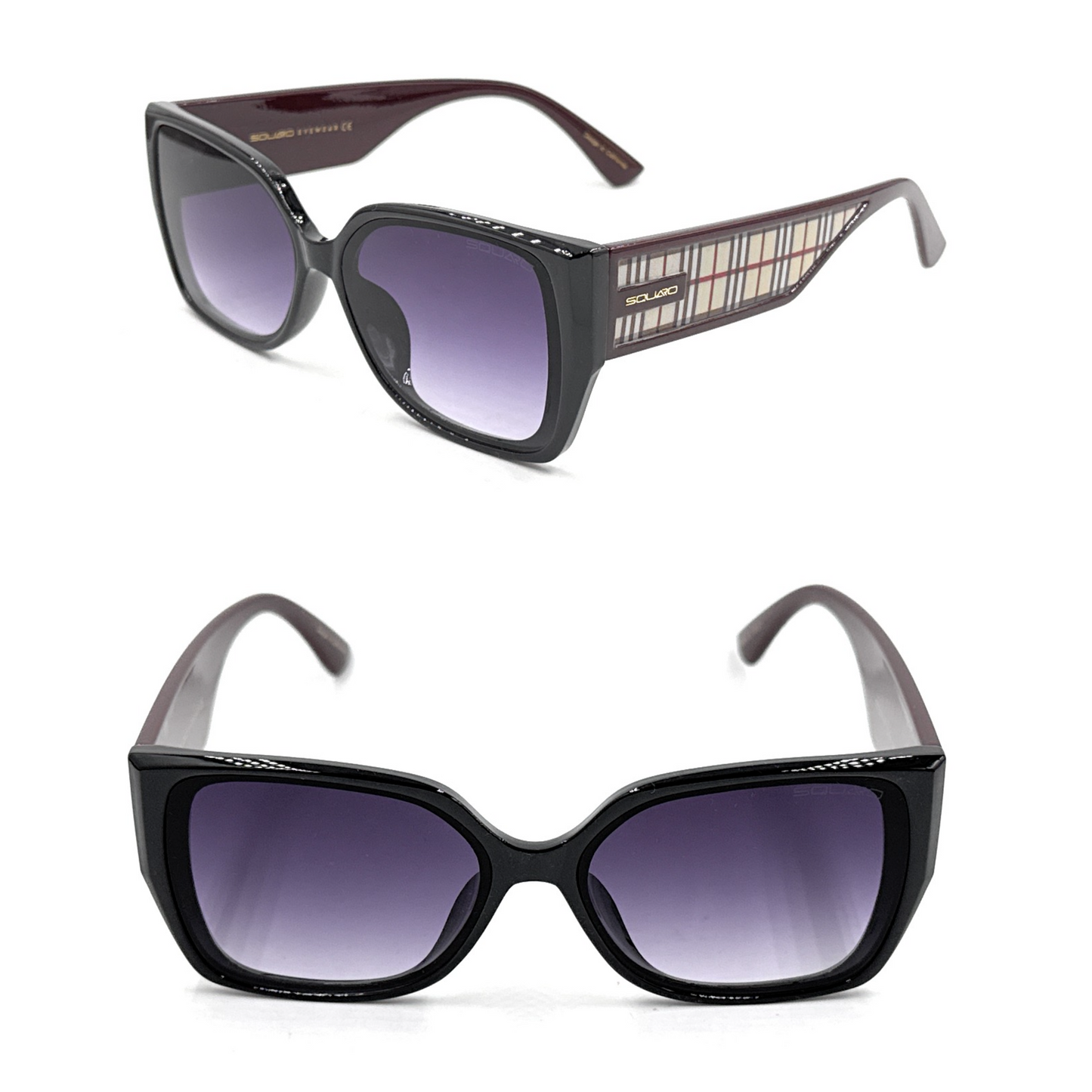 Squaro Plaid Accent Oversized Square Sunglasses – Black Frame with Gradient Brown Lenses SQ20251557