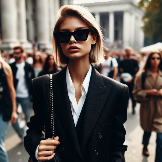 a lady with a black suit wearing rectangle sunglasses