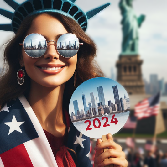 a woman wearing the usa flag with a round sunglasses on her eyes