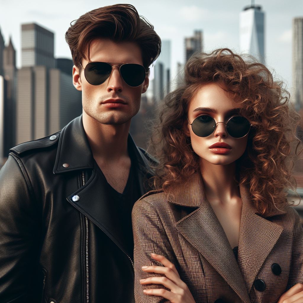a man wearing an aviator sunglasses beside a woman wearing a round sunglasses