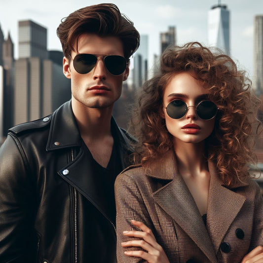 a man wearing an aviator sunglasses beside a woman wearing a round sunglasses