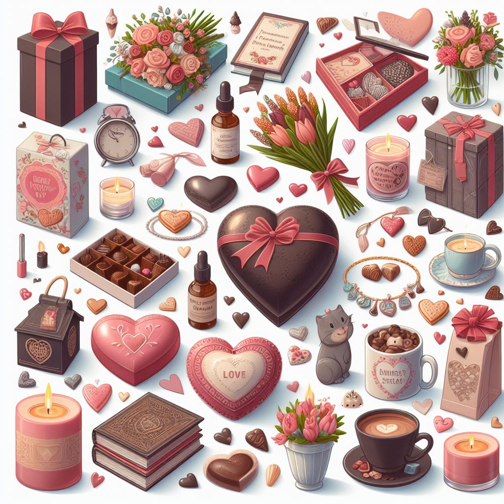 illustrating different gifts for valentine's day such as chocolates, flowers, candles, etc