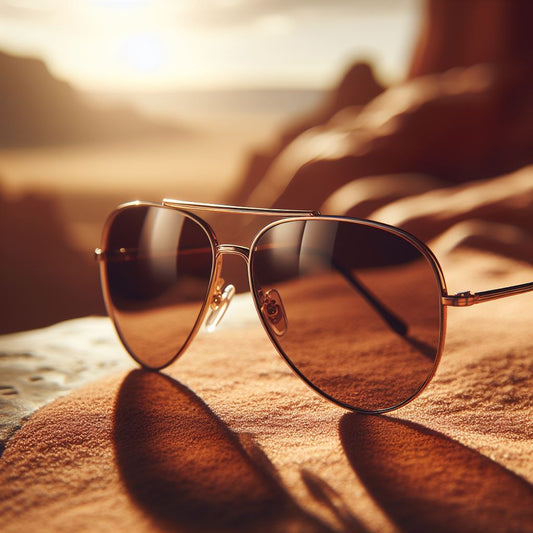 an aviator sunglasses with a desert background