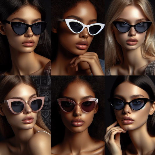 grid image of 6 images of the portraits of different ladies wearing different cat eye sunglasses