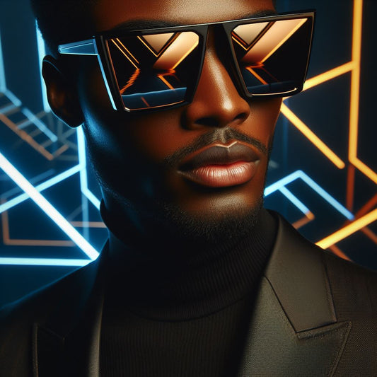 a black man wearing a black suit with a black square sunglasses with golden shines on his sunglasses