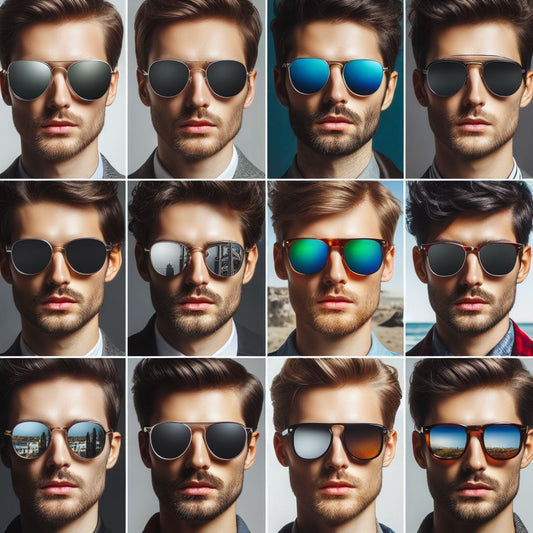 this image is divided 12 each part shows a frame type of sunglasses on a man's face