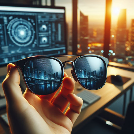 a sunglasses with a computer on background 