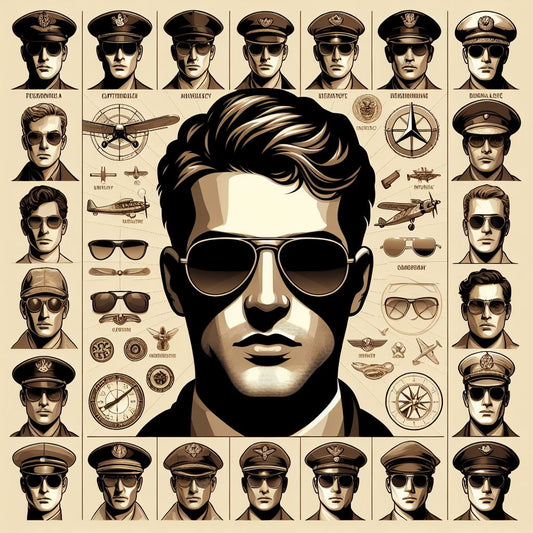 illustrating aviator sunglasses by a man wearing one of them and surrounded with other faces also wearing aviator sunglasses