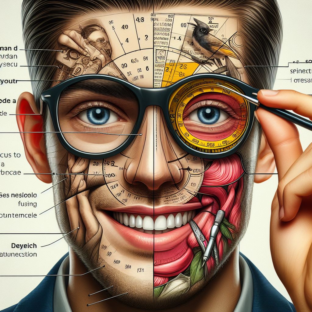 a man who half of his face is muscles and the other half normal, showing that he is measuring his face