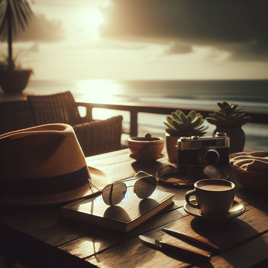 sunglasses in the middle and surrounded with a hat, a coffee, pots. the background is the sea with a sunny weather