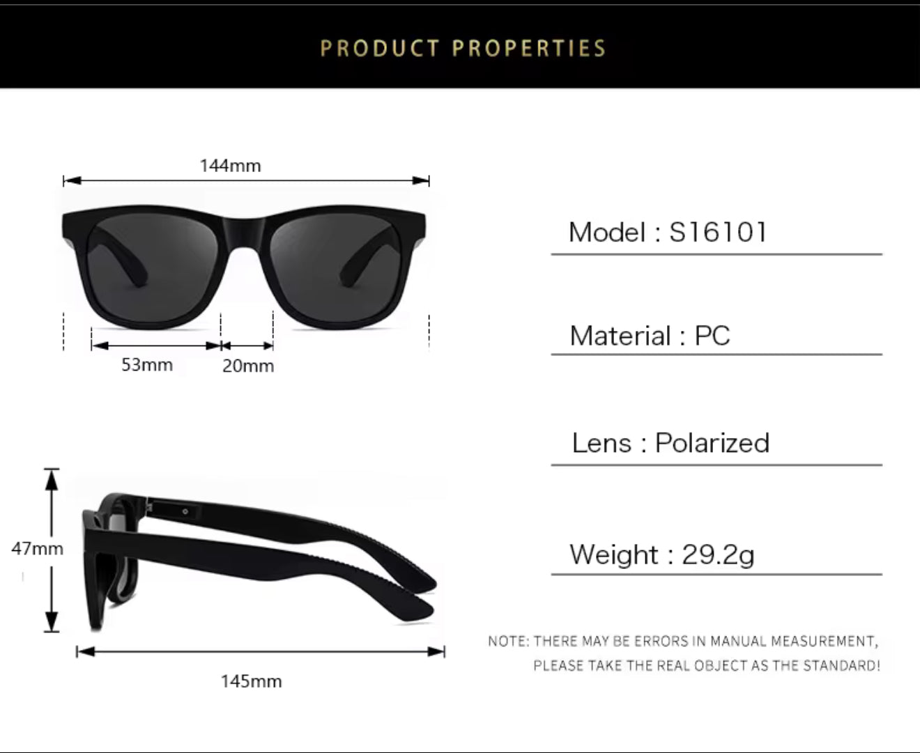 SQUARO Matte Black Polarized Sunglasses – Lightweight Premium quality Frame with Spring Hinges S16101