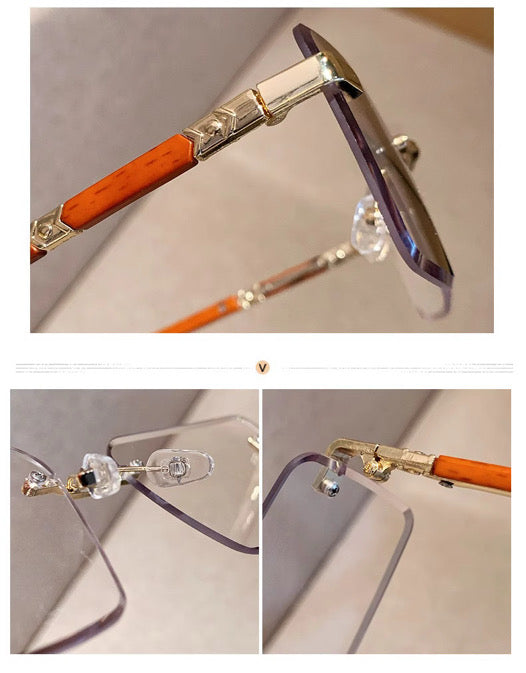 SQUARO Rimless Rectangular Photochromic Sunglasses – Gold Metal & Wood Frame | UV400 Gradient Lenses | 59mm  SQ20261581