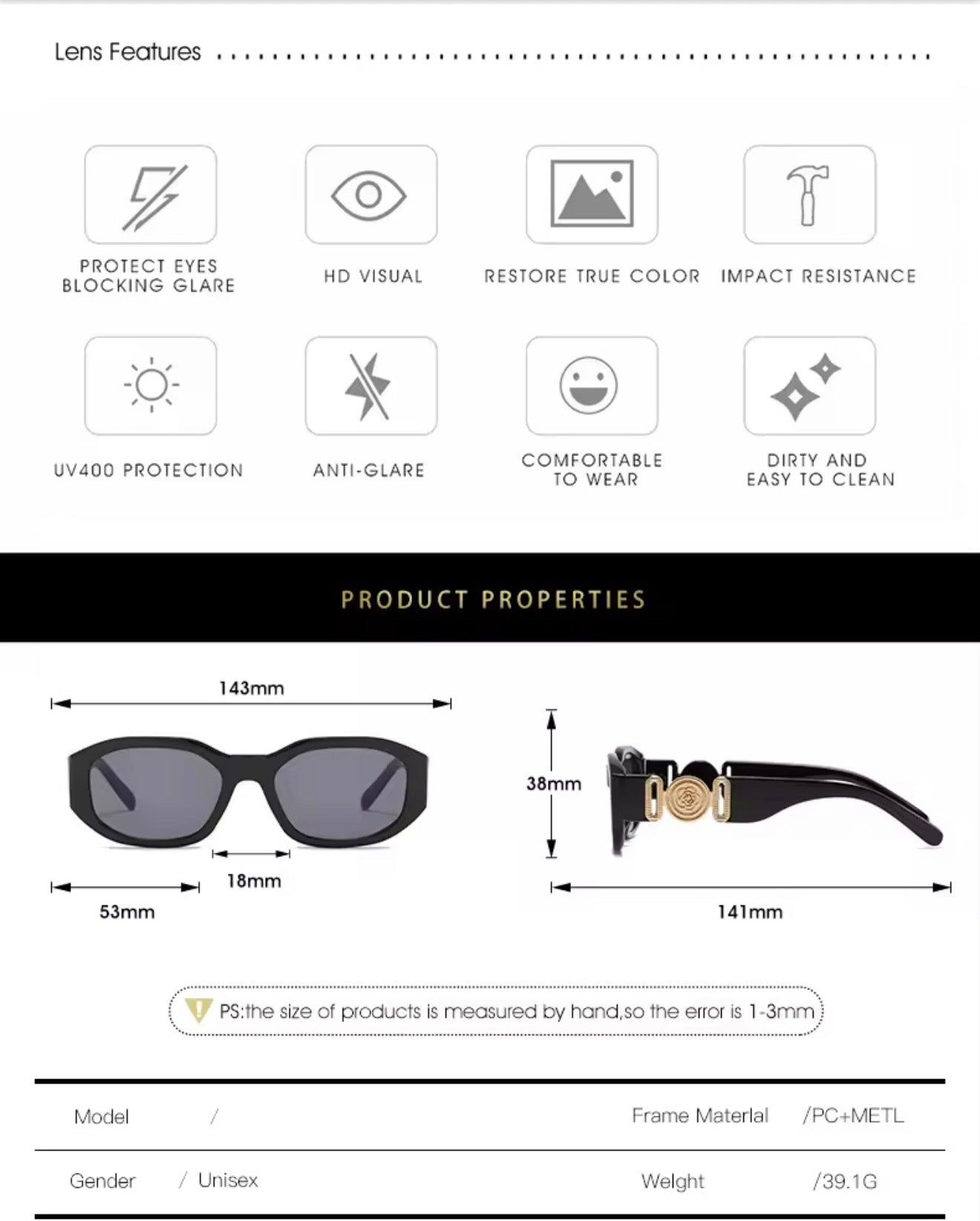 SQUARO Hexa Black – Polarized UV400 Unisex Hexagon Sunglasses | Premium PC + Metal Frame SQ20261577