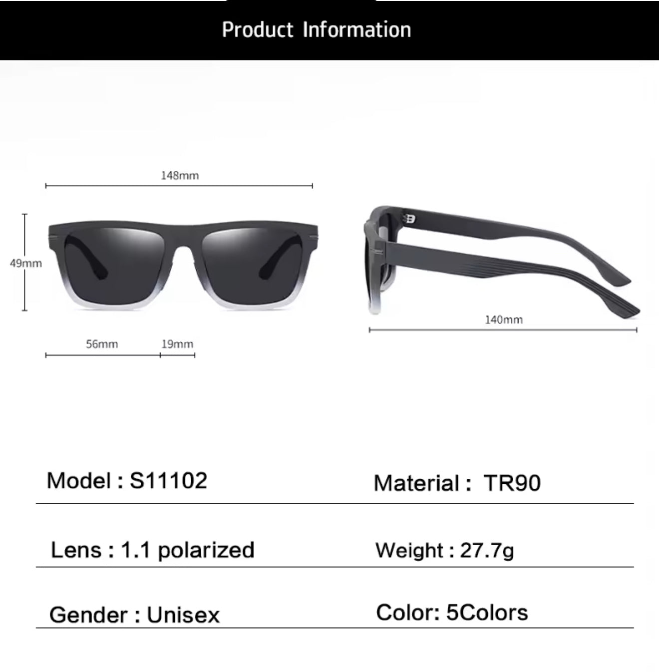 SQUARO Matte Black Polarized Sunglasses – Lightweight Premium quality TR90 Frame with the strong Hinges S11102